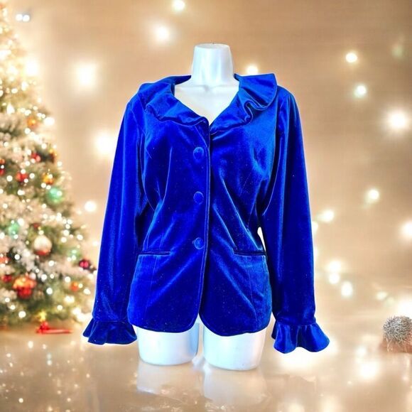 Dialogue Jackets & Blazers - 🌸Dialogue Royal Blue Ruffled Collar Velvet Jacket Blazer Size Small (AA4)